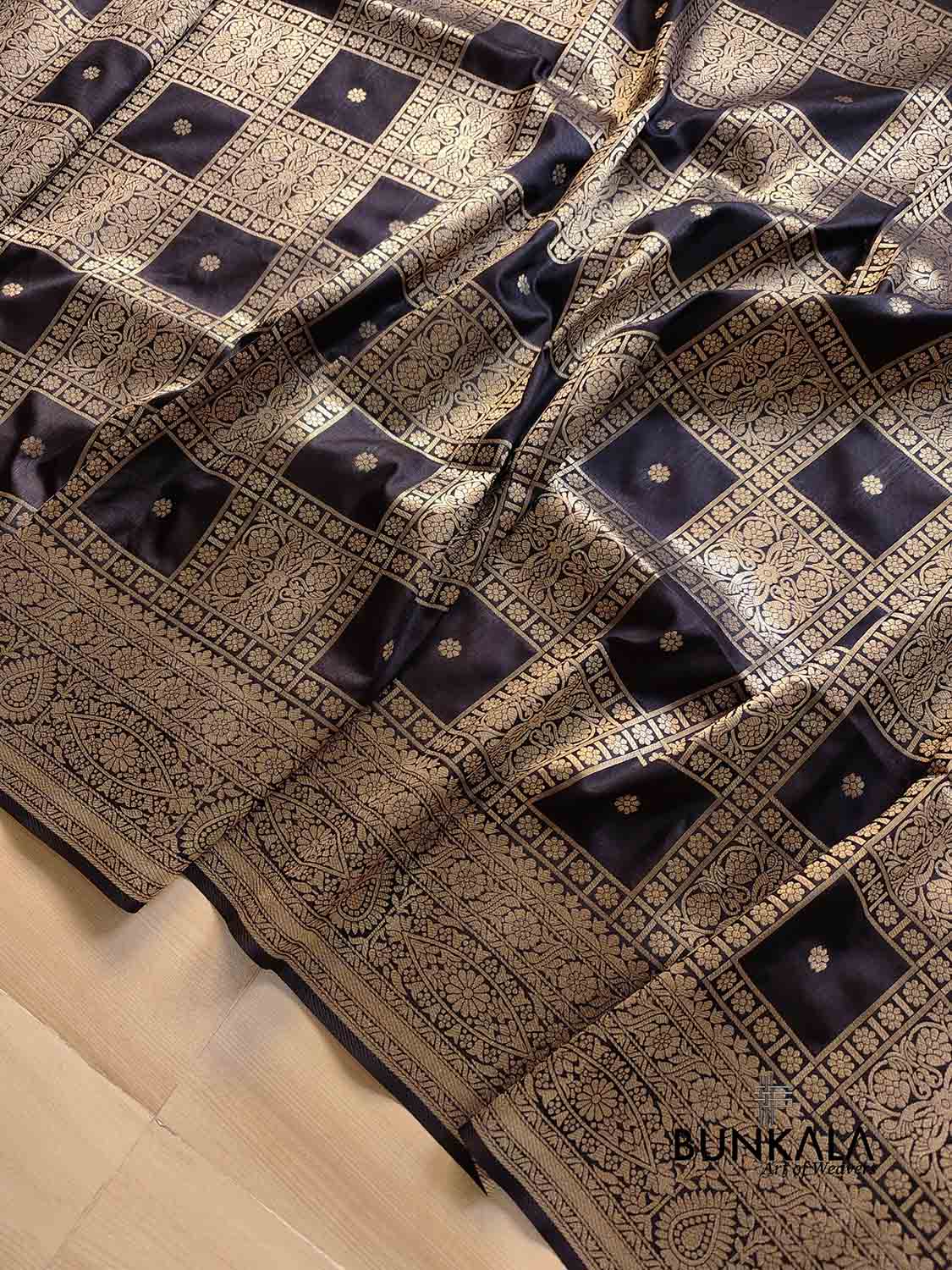 Jet Black Geometrical Big Checks Design Silk Banarasi Saree