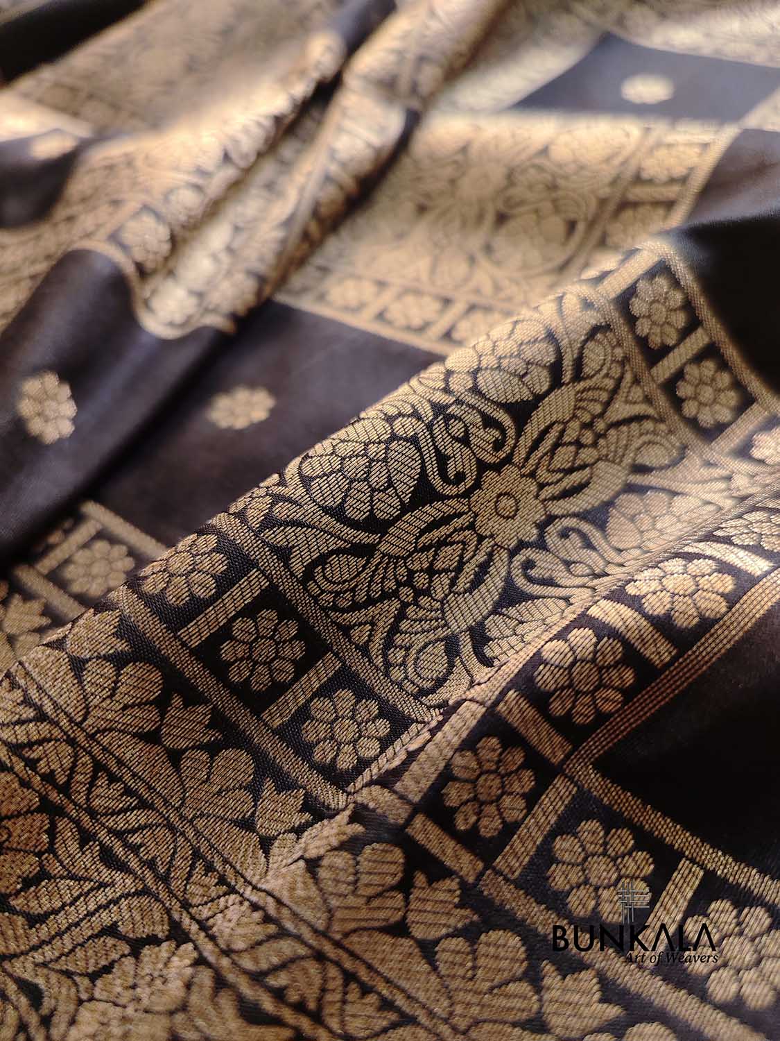 Jet Black Geometrical Big Checks Design Silk Banarasi Saree