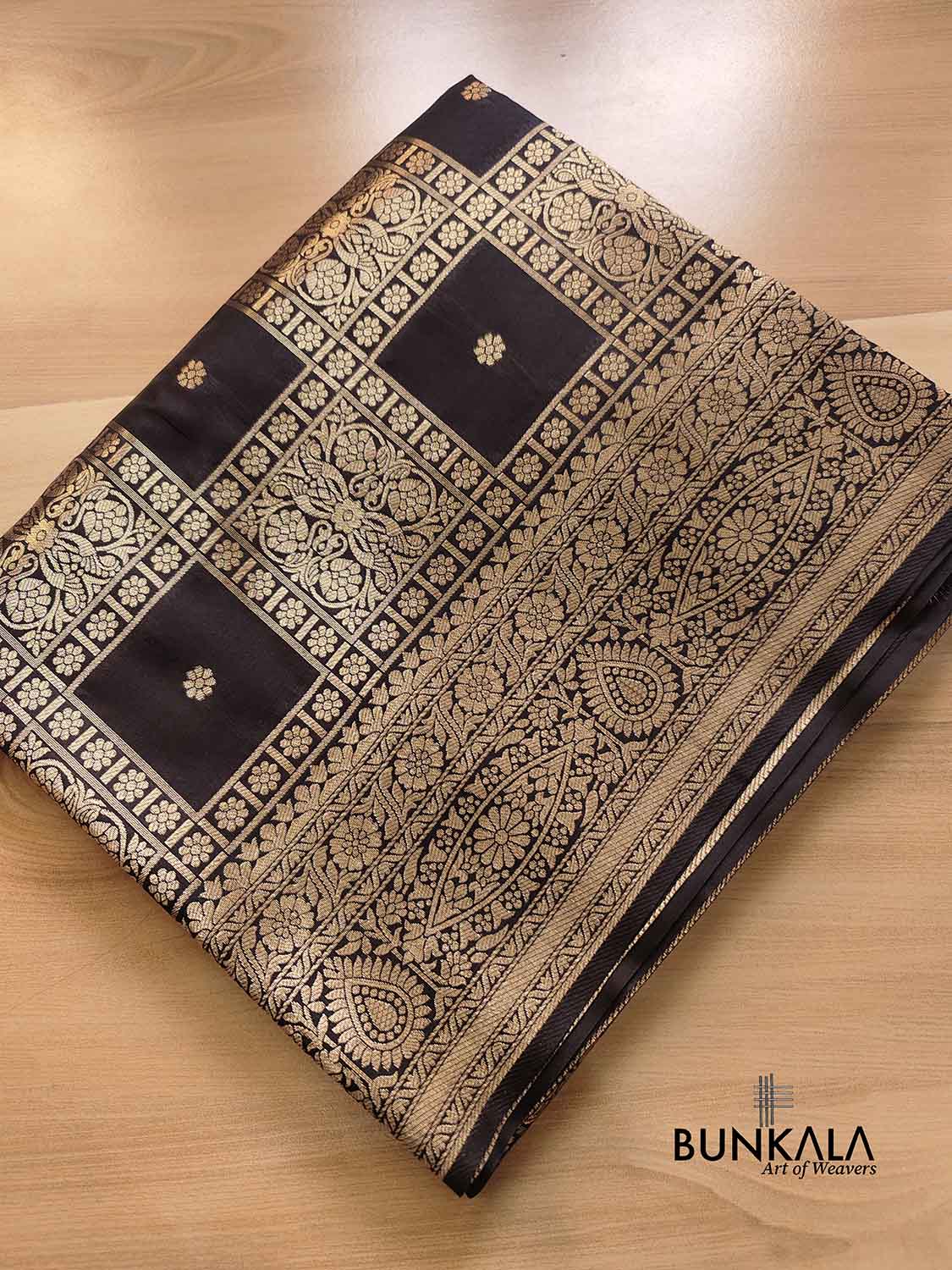 Jet Black Geometrical Big Checks Design Silk Banarasi Saree