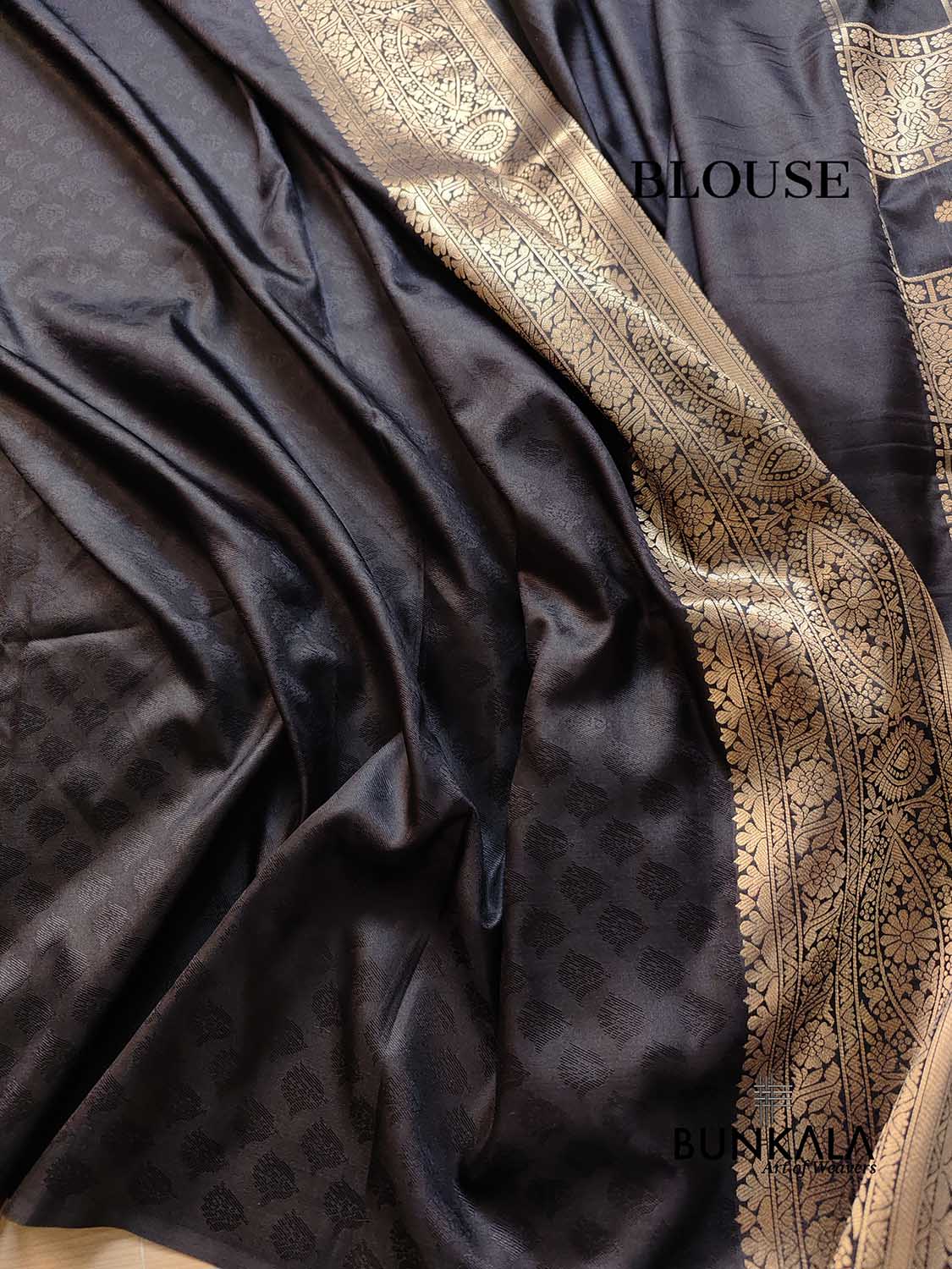 Jet Black Geometrical Big Checks Design Silk Banarasi Saree