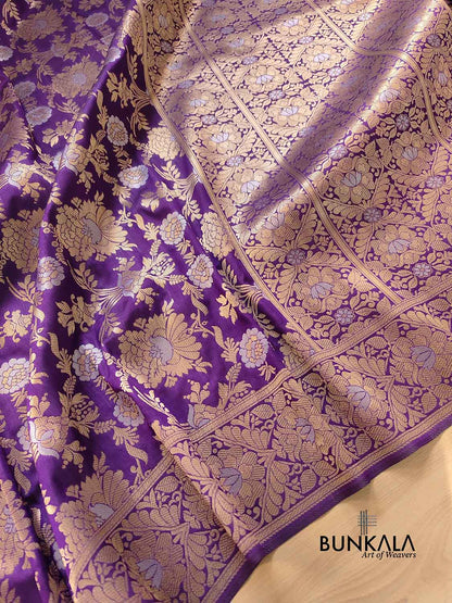 Purple Gold and Silver Zari Jaal Design Silk Banarasi Saree