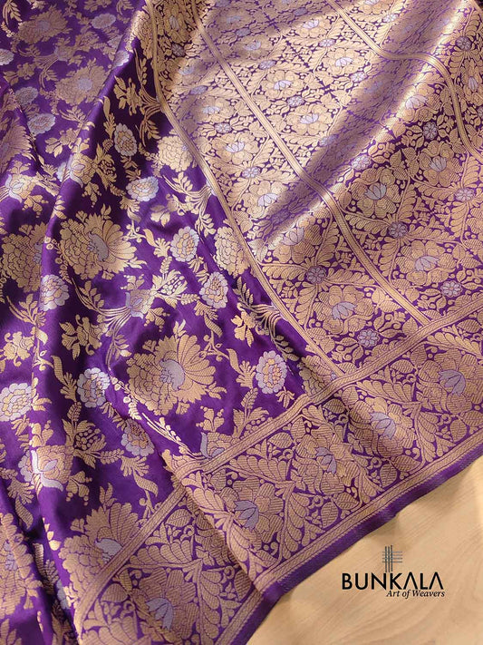Purple Gold and Silver Zari Jaal Design Silk Banarasi Saree