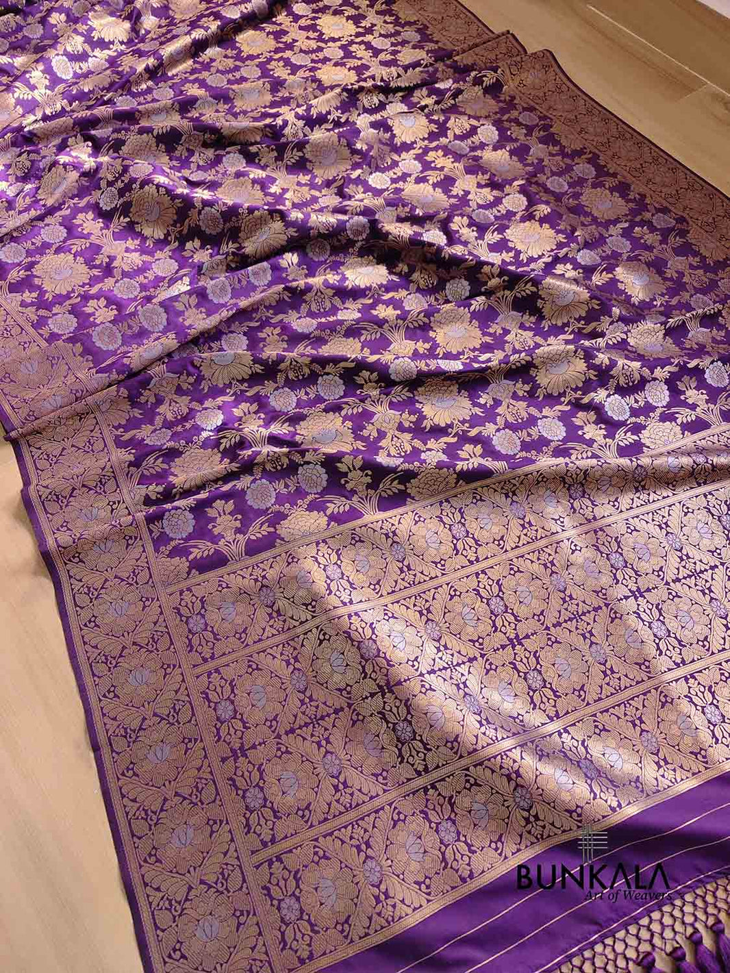 Banarasi Silk Saree with Golden Zari Jaal Work & Rich Traditional Zari Border