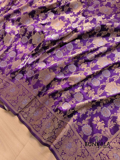 Purple Gold and Silver Zari Jaal Design Silk Banarasi Saree