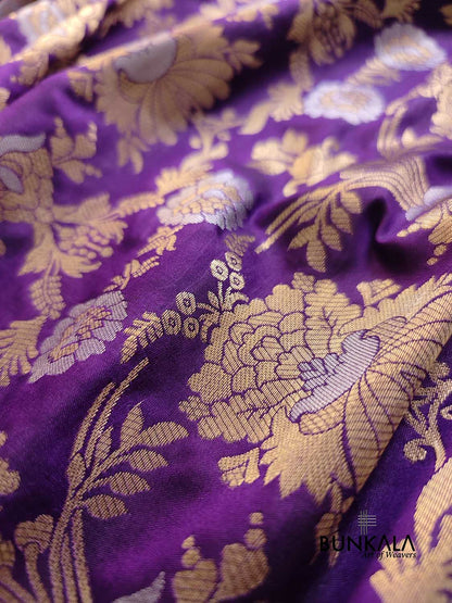 Purple Gold and Silver Zari Jaal Design Silk Banarasi Saree