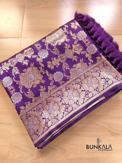 Purple Gold and Silver Zari Jaal Design Silk Banarasi Saree