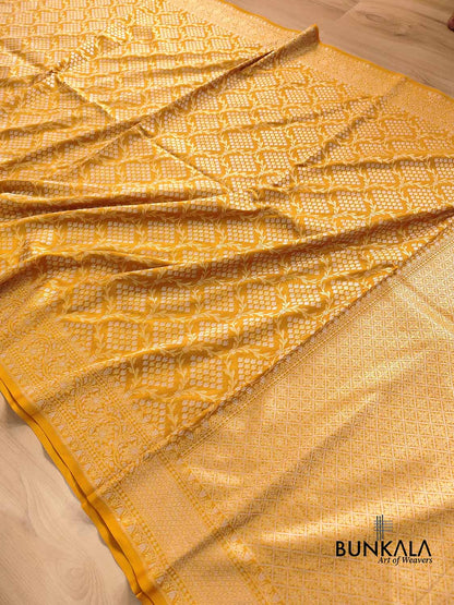 Mustard Yellow Jangla Banarasi Silk Saree