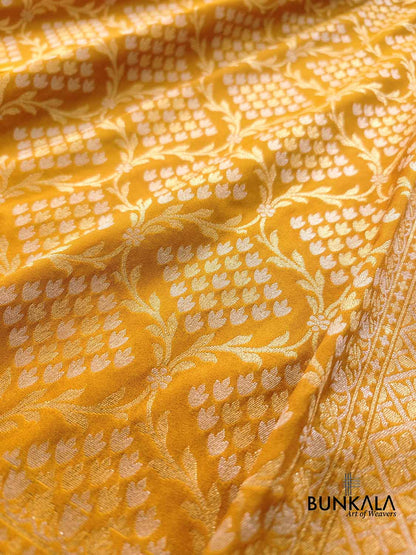 Mustard Yellow Jangla Banarasi Silk Saree