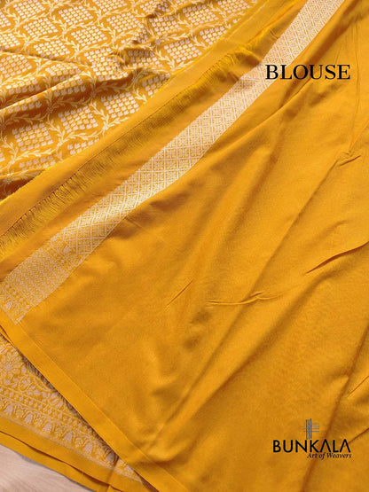 Mustard Yellow Jangla Banarasi Silk Saree