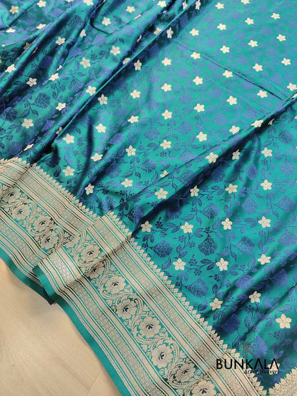 Peacock Blue Floral Jaal Jamewar Weaved Banarasi Soft Mashru Silk Saree
