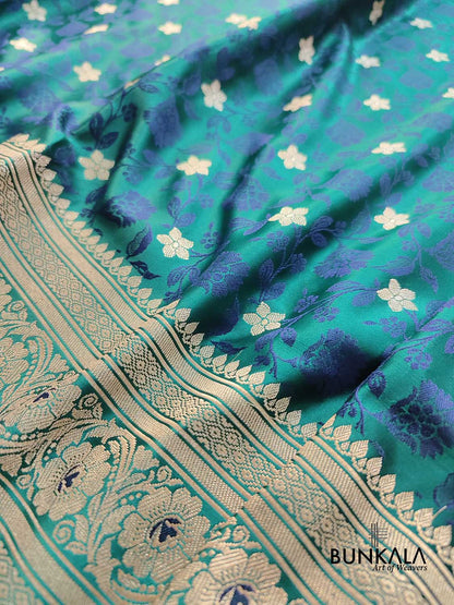 Peacock Blue Floral Jaal Jamewar Weaved Banarasi Soft Mashru Silk Saree
