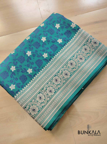 Peacock Blue Floral Jaal Jamewar Weaved Banarasi Soft Mashru Silk Saree
