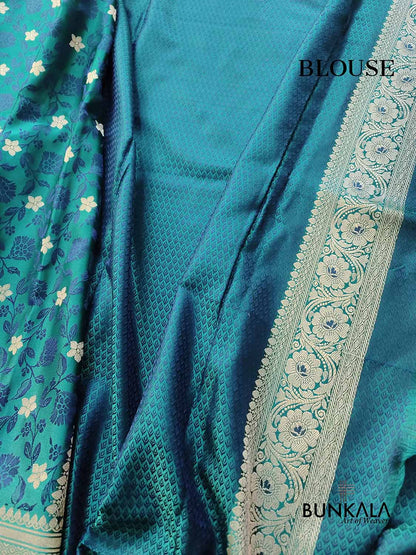 Peacock Blue Floral Jaal Jamewar Weaved Banarasi Soft Mashru Silk Saree