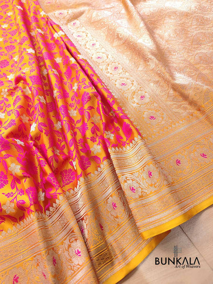 Dual Tone Orange Floral Jaal Jamewar Weaved Banarasi Soft Mashru Silk Saree