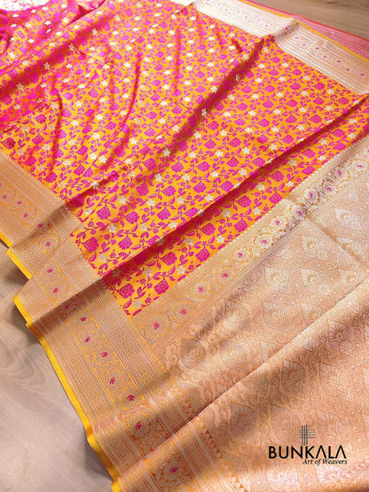 Dual Tone Orange Floral Jaal Jamewar Weaved Banarasi Soft Mashru Silk Saree