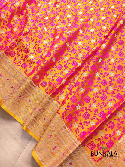 Dual Tone Orange Floral Jaal Jamewar Weaved Banarasi Soft Mashru Silk Saree