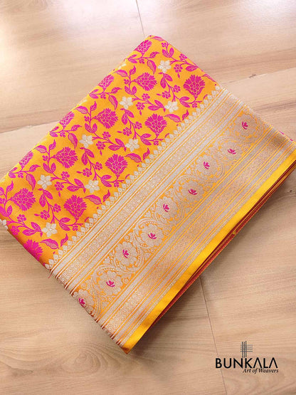 Dual Tone Orange Floral Jaal Jamewar Weaved Banarasi Soft Mashru Silk Saree
