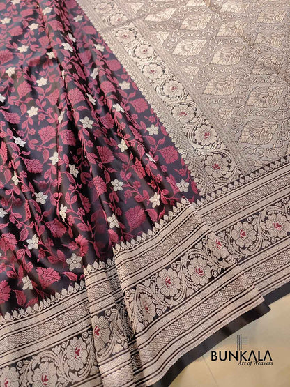 Black Floral Jaal Jamewar Weaved Banarasi Soft Mashru Silk Saree