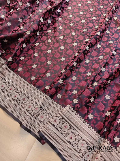 Black Floral Jaal Jamewar Weaved Banarasi Soft Mashru Silk Saree