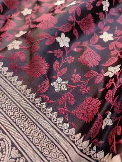 Black Floral Jaal Jamewar Weaved Banarasi Soft Mashru Silk Saree