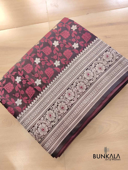 Black Floral Jaal Jamewar Weaved Banarasi Soft Mashru Silk Saree