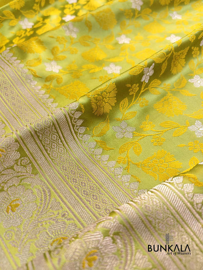 Green Double Shaded Floral Jaal Jamewar Weaved Banarasi Soft Mashru Silk Saree