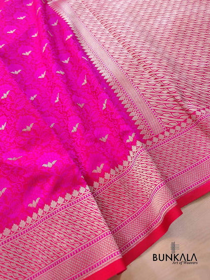 Hot Pink Floral Jaal Jamewar Weaved Banarasi Soft Mashru Silk Saree