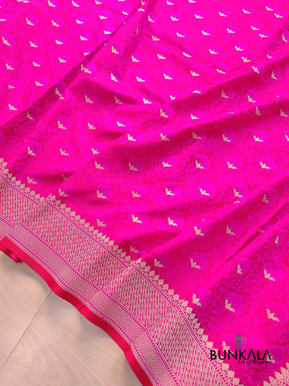 Hot Pink Floral Jaal Jamewar Weaved Banarasi Soft Mashru Silk Saree
