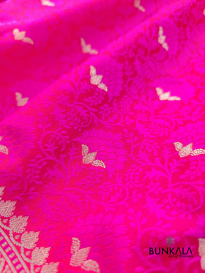 Hot Pink Floral Jaal Jamewar Weaved Banarasi Soft Mashru Silk Saree