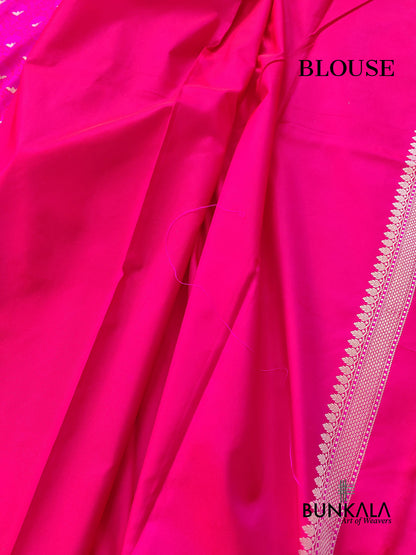 Hot Pink Floral Jaal Jamewar Weaved Banarasi Soft Mashru Silk Saree