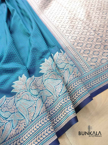 Blue Zig Zag Design Jamewar Weaved Banarasi Soft Mashru Silk Saree
