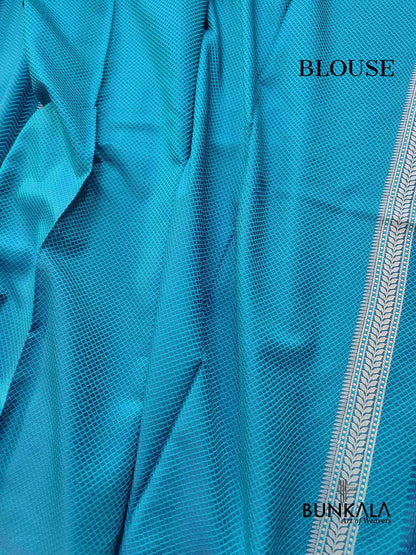 Blue Zig Zag Design Jamewar Weaved Banarasi Soft Mashru Silk Saree