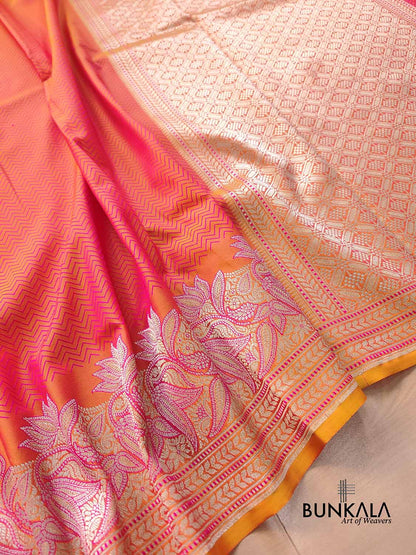 Orange Pink Double Shaded Zig Zag Design Jamewar Weaved Banarasi Soft Mashru Silk Saree