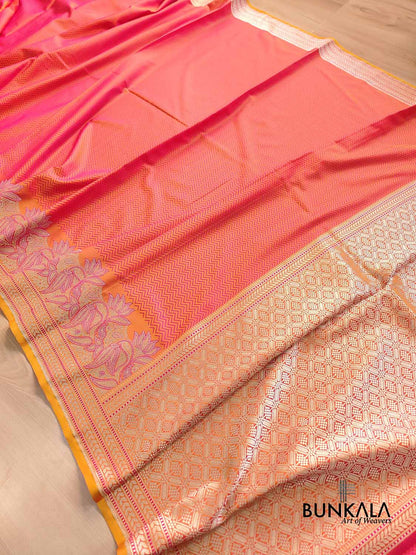 Orange Pink Double Shaded Zig Zag Design Jamewar Weaved Banarasi Soft Mashru Silk Saree