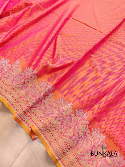 Orange Pink Double Shaded Zig Zag Design Jamewar Weaved Banarasi Soft Mashru Silk Saree