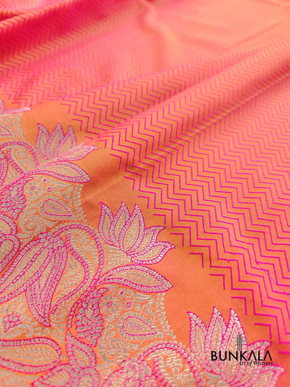 Orange Pink Double Shaded Zig Zag Design Jamewar Weaved Banarasi Soft Mashru Silk Saree
