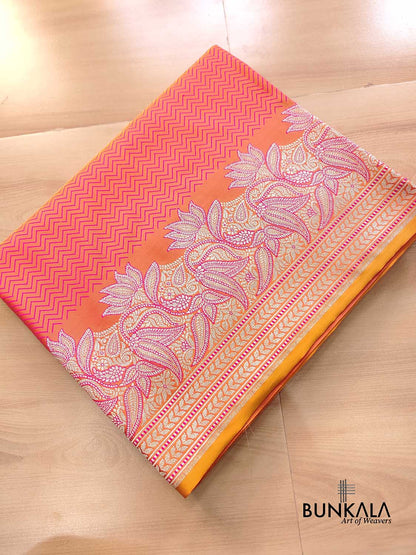 Orange Pink Double Shaded Zig Zag Design Jamewar Weaved Banarasi Soft Mashru Silk Saree