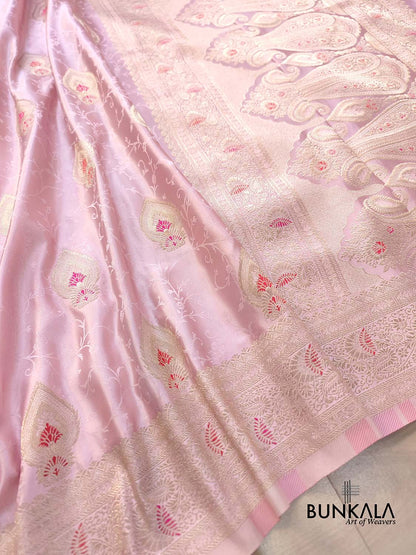 Peach Pink Meenakari Jamewar Weaved Banarasi Mashru Silk Saree