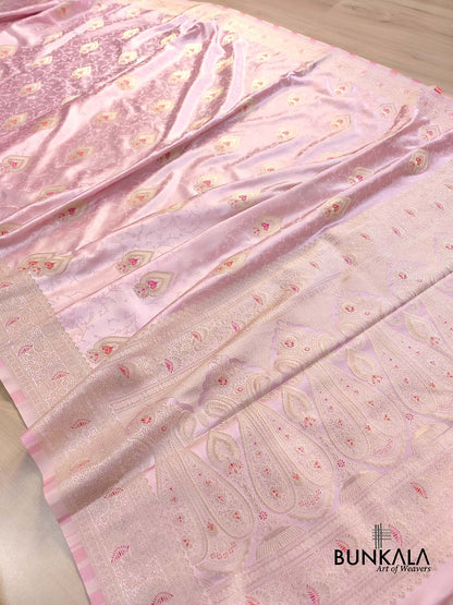 Peach Pink Meenakari Jamewar Weaved Banarasi Mashru Silk Saree