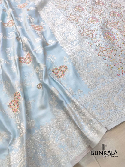 Ice Blue Meena Floral Jaal Weaved Banarasi Mashru Silk Saree