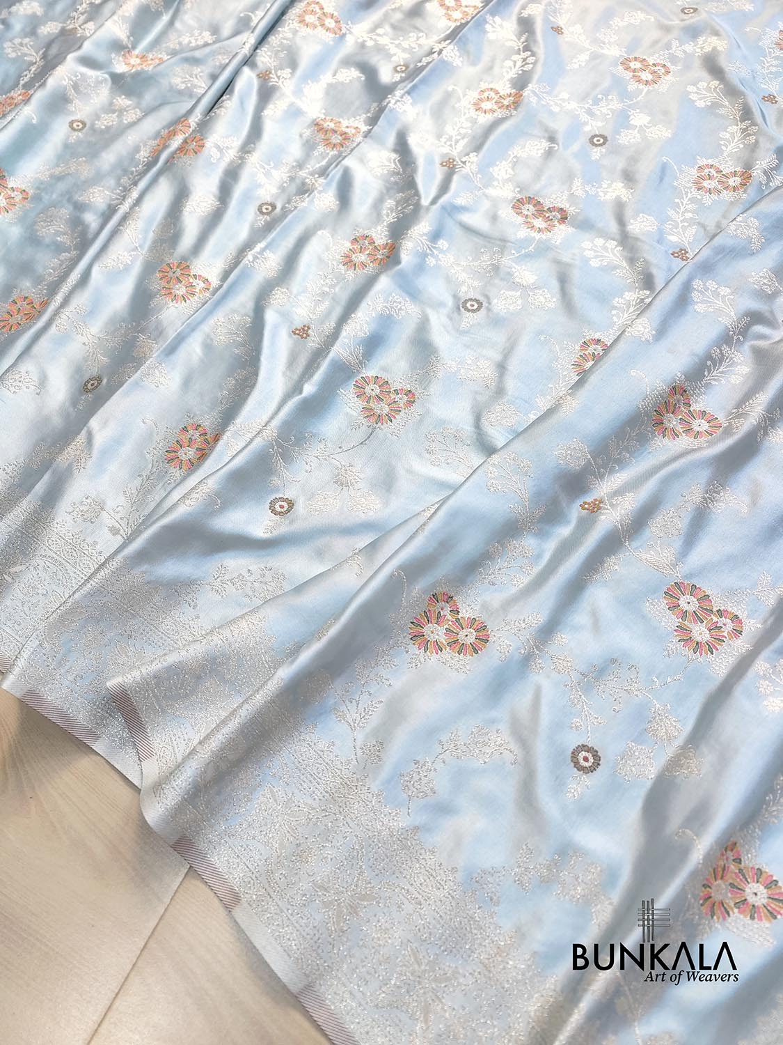 Ice Blue Meena Floral Jaal Weaved Banarasi Mashru Silk Saree