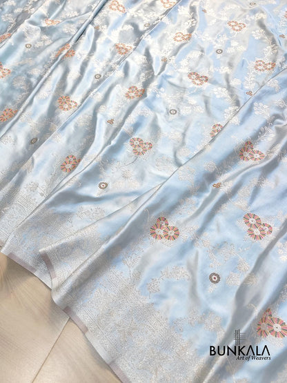 Ice Blue Meena Floral Jaal Weaved Banarasi Mashru Silk Saree