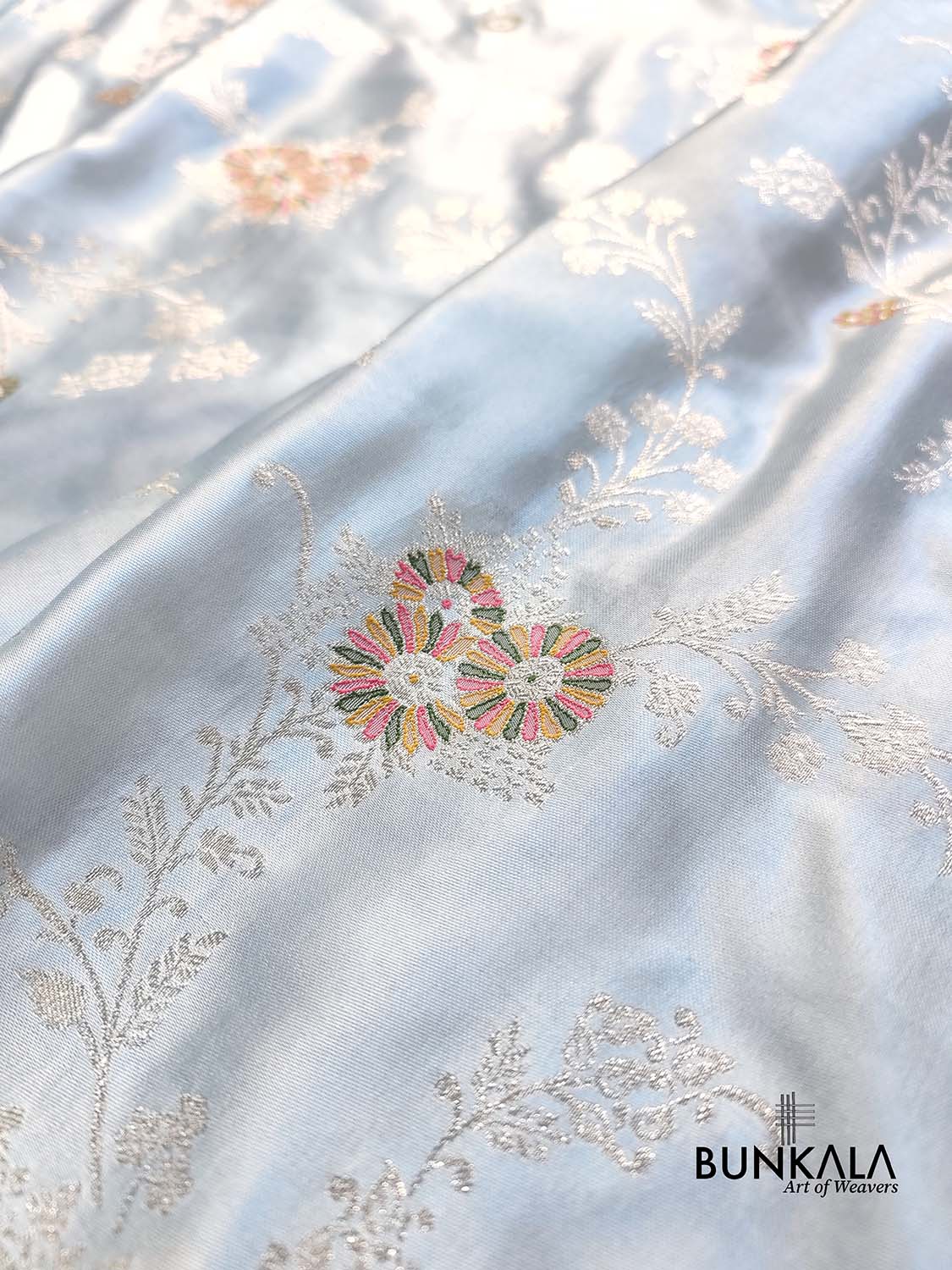 Ice Blue Meena Floral Jaal Weaved Banarasi Mashru Silk Saree