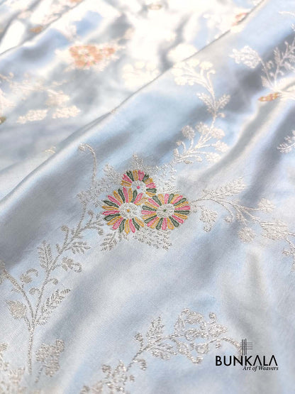 Ice Blue Meena Floral Jaal Weaved Banarasi Mashru Silk Saree