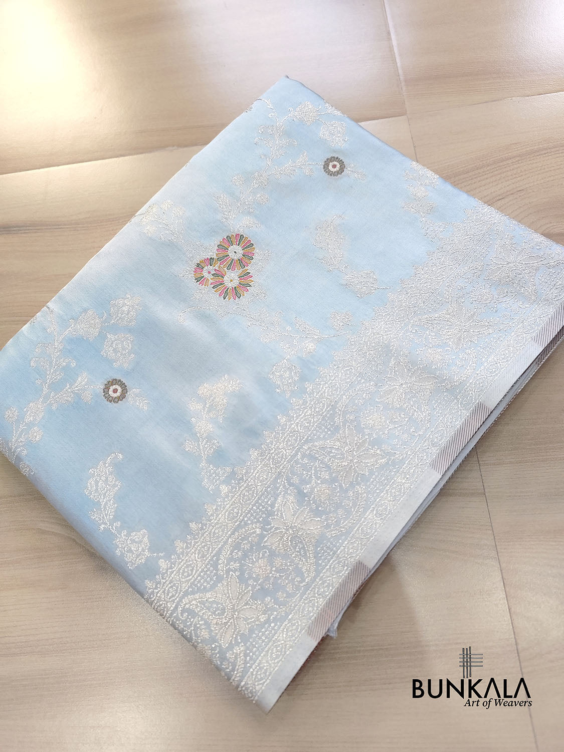Ice Blue Meena Floral Jaal Weaved Banarasi Mashru Silk Saree