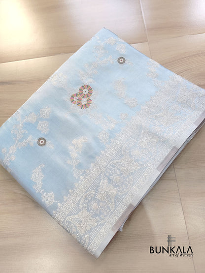 Ice Blue Meena Floral Jaal Weaved Banarasi Mashru Silk Saree