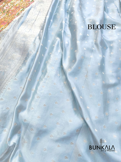 Ice Blue Meena Floral Jaal Weaved Banarasi Mashru Silk Saree