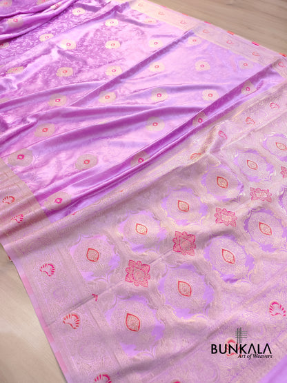 Lilac Meena Jamewar Weaved Banarasi Mashru Silk Saree