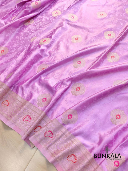 Lilac Meena Jamewar Weaved Banarasi Mashru Silk Saree