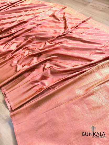 Salmon Pink Stripe Pattern Banarasi Mashru Silk Saree
